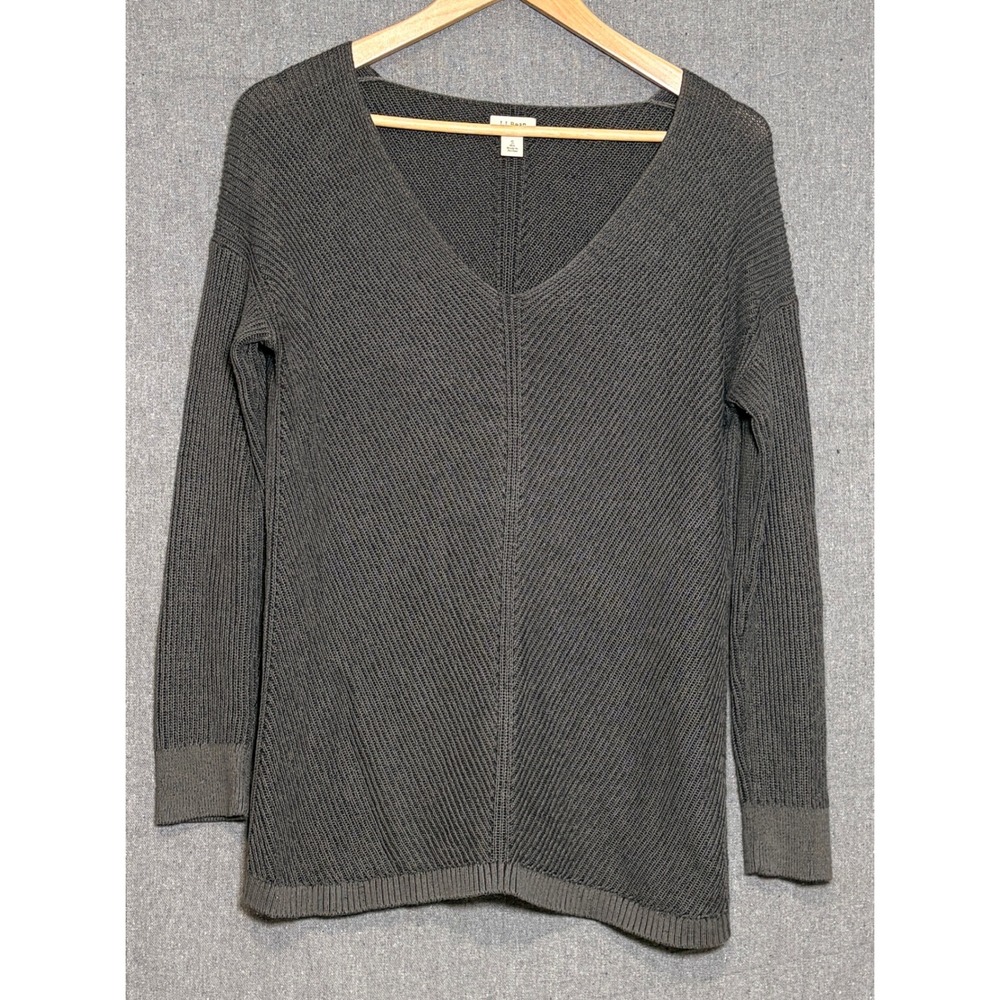 LL Bean Womens Charcoal Gray 100% Cotton V-Neck Ribbed Knit Sweater Small